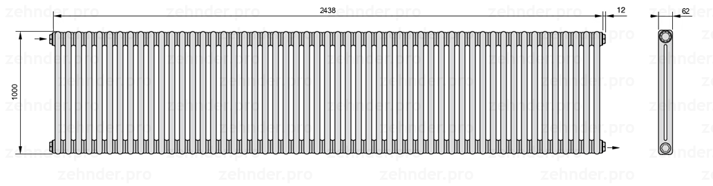 Схема (чертеж) Радиатор Zehnder Charleston 2100/53 №1670 Белый глянцевый RAL 9016